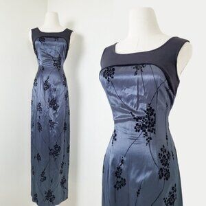90s Velvet Maxi Dress Satin Fitted Bodycon Sleeveless Slit Floor Length Moody